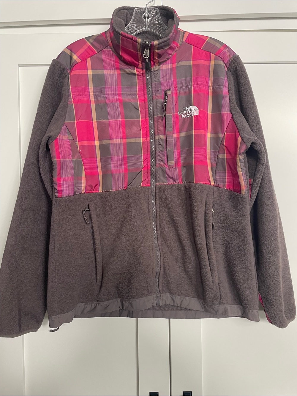 The North Face Pink Plaid & Gray Fleece Jacket